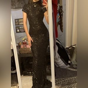 Beautiful black mock neck / cut out back sequence gown